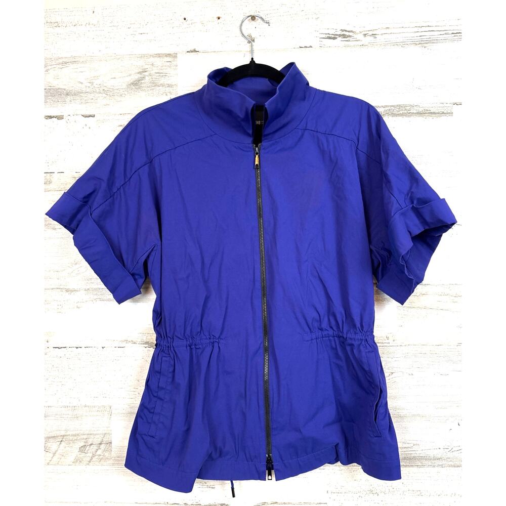 Lafayette 148 Womens S Electric Blue Black Front Zip Short Sleeve Jacket Luxe